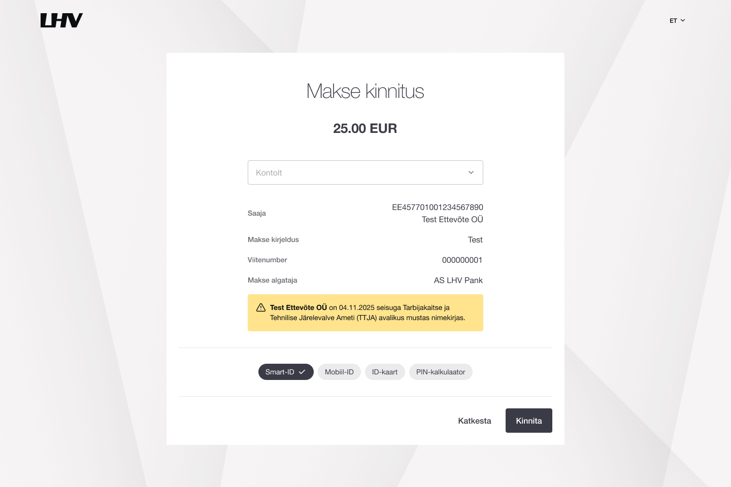 Makse andmed LHV internetipangas