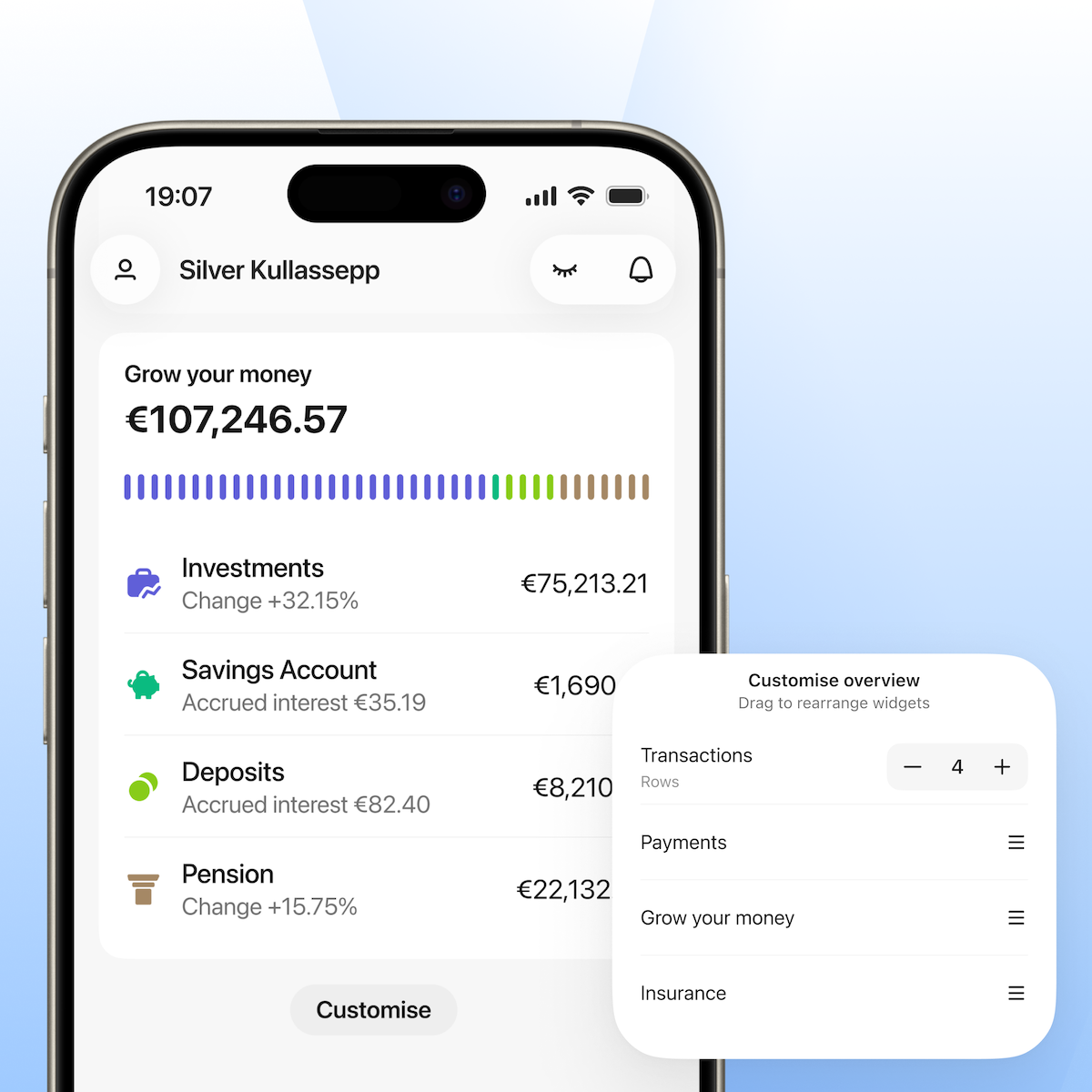 LHV mobiiliäpi avaleht finantsülevaatega ja vidinate järjestuse kohandamise vaade.