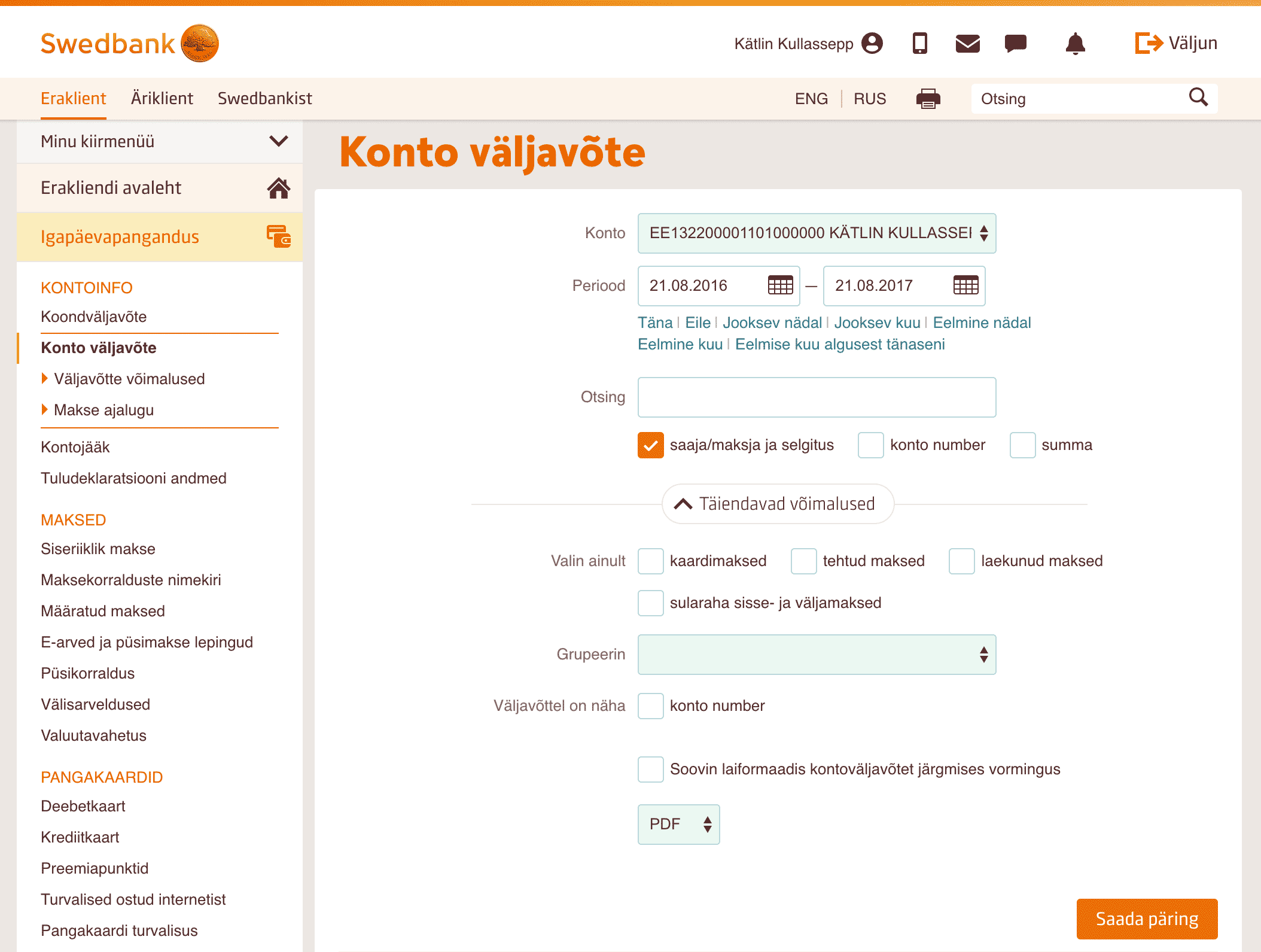 Swedbank konto väljavõte