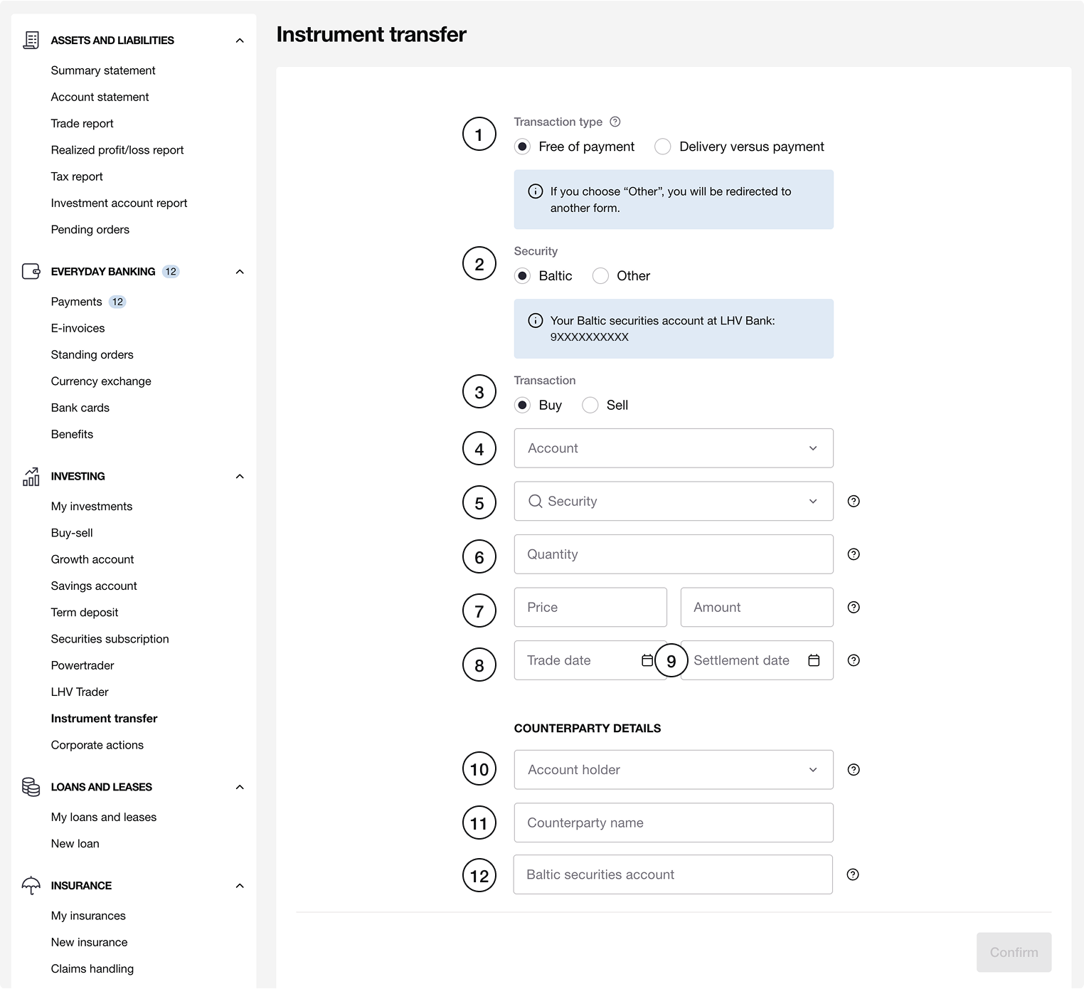 Free of payment securities transfer in LHV bank