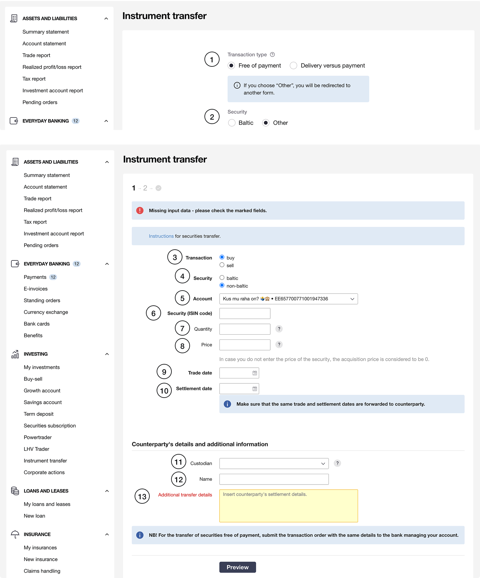 Free of payment securities transfer in LHV bank